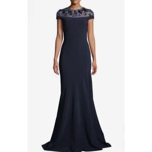 Theia Maxi Gown Midnight Blue Cap Sleeve Sheer Beaded Shoulder
